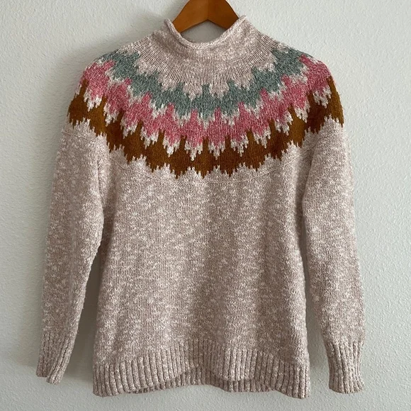 L.L. Bean Women's Cotton Ragg Sweater Funnelneck Pullover Fair Isle - Picture 2 of 7